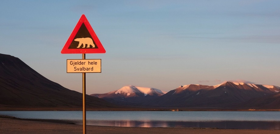 Polar bear warning sign in mountain scenery. Credit: Håkon Daae Brensholm - Visit Svalbard